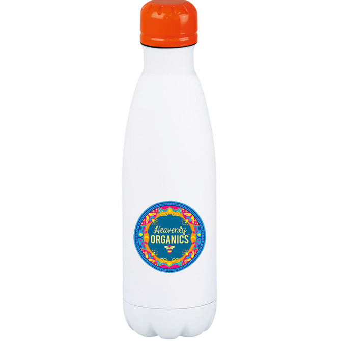 A drink bottle in white with an orange lid and a circular logo. It features a sleek, vacuum-insulated design.