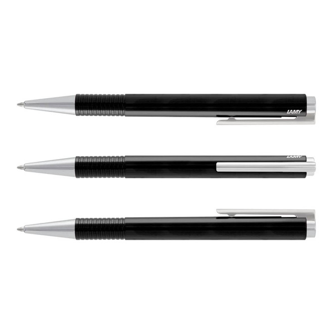 Three black Lamy Logo pens displayed in a row, featuring shiny silver accents and a distinct logo on each.