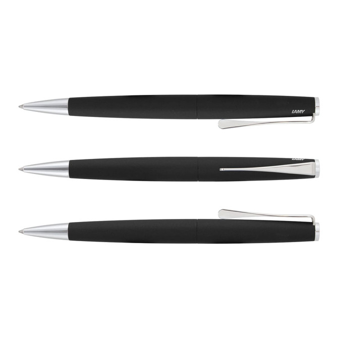 A set of three Lamy Studio metal pens featuring a sleek black design with silver accents.