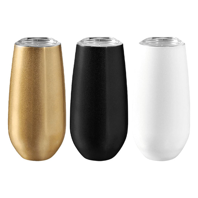 A drink bottle set featuring three vacuum champagne flutes in gold, black, and white, with a clear top and branding.