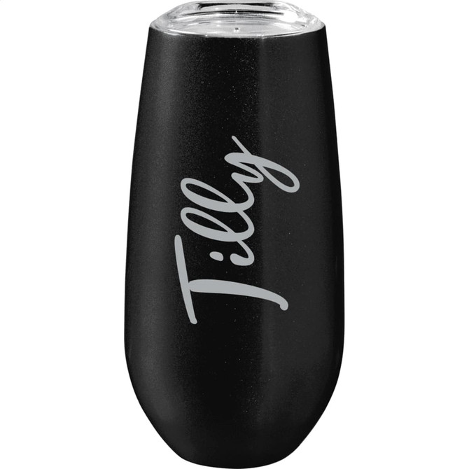 A drink bottle in matte black with a clear lid, featuring a decorative logo.