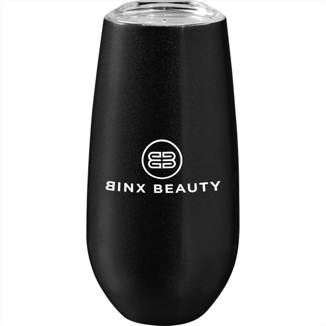 A drink bottle in sleek black with a transparent lid and a logo. It features a modern and minimalist design.