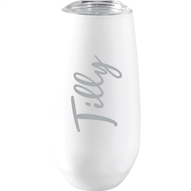 A drink bottle, featuring a sleek white design with a transparent lid and grey text, has a logo on the side.