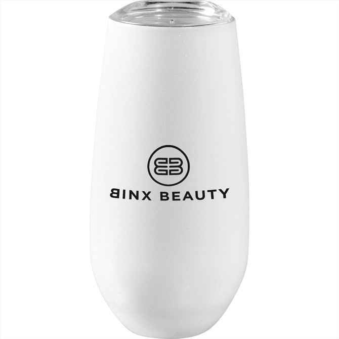 A drink bottle in white with a clear lid, featuring a branding logo.