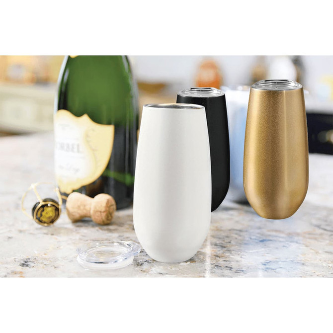 A drink bottle featuring a white, black, and gold design, with a sleek vacuum seal and a logo.