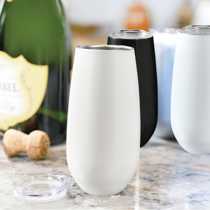 A drink bottle featuring white, black, and light blue vacuum champagne flutes, each with a sleek design and a logo.