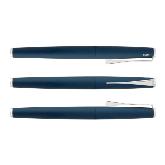 A blue metal rolling ball pen with a sleek design and silver accents, featuring a clip and branding.