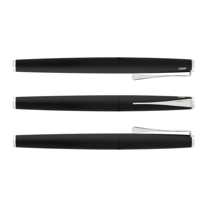 A sleek black Lamy Studio rolling ball pen set featuring three pens with a silver clip and accents.