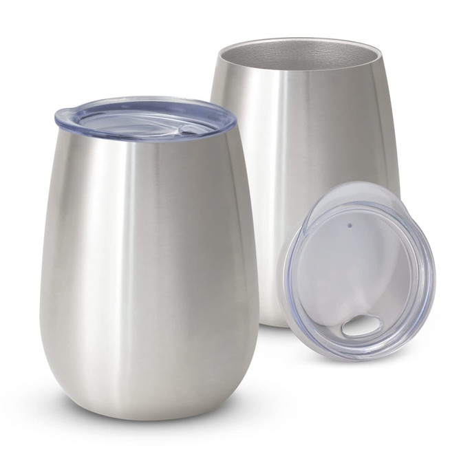 A drink bottle with a sleek, stainless steel finish, featuring a translucent lid and a modern design.