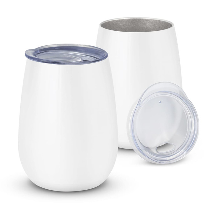 A drink bottle in white with a clear lid, featuring a stainless steel interior and a rounded design.
