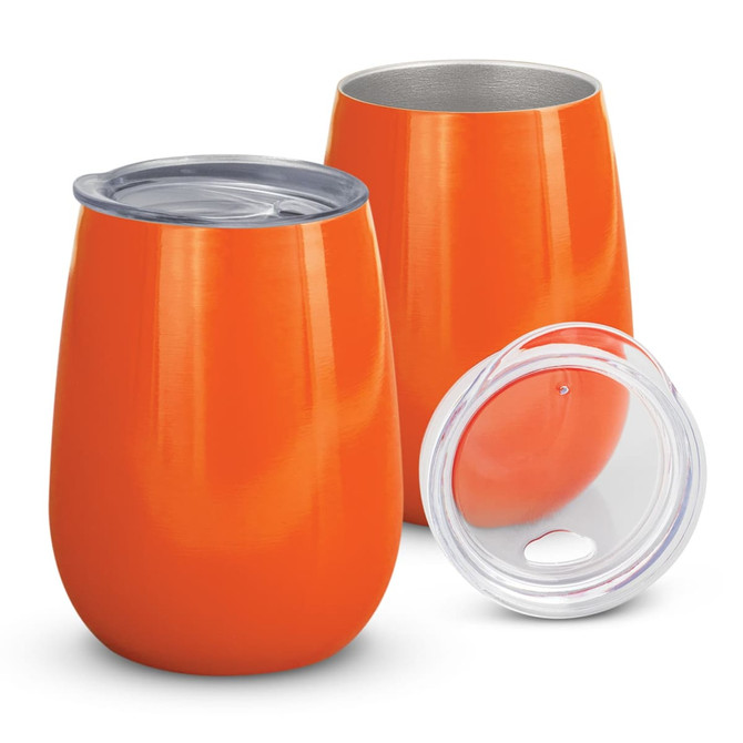 A drink bottle set featuring two bright orange vacuum cups and a clear lid. The cups have a sleek, modern design.