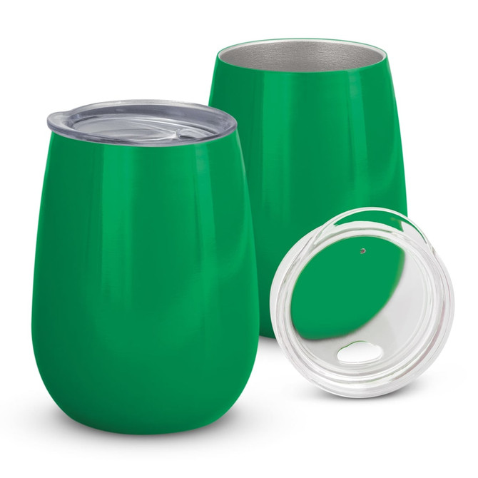 A drink bottle in vibrant green with a stainless steel interior and a clear lid, featuring a smooth, rounded design.