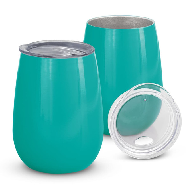 A drink bottle set featuring two teal vacuum cups, one with a clear lid. Both are smooth and rounded in shape.
