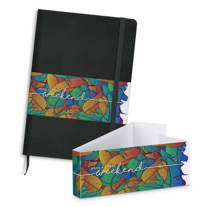 A black unlined notebook with a colourful, patterned band featuring the words "Have a great weekend" and an accompanying box.
