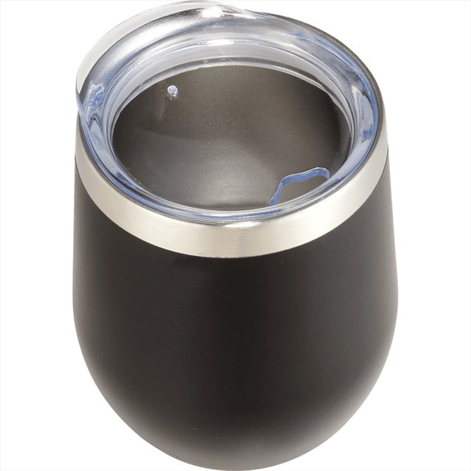 A drink bottle in matte black with a stainless steel rim and clear lid, designed for insulation.