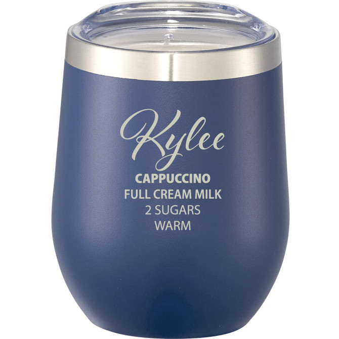 A drink bottle in navy blue with a clear lid and metallic rim, featuring a logo on the side.