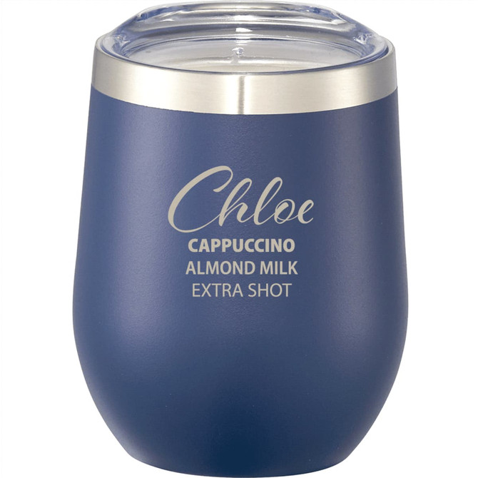 A drink bottle in navy with a stainless steel rim, featuring a logo and a clear lid, designed for insulated beverages.