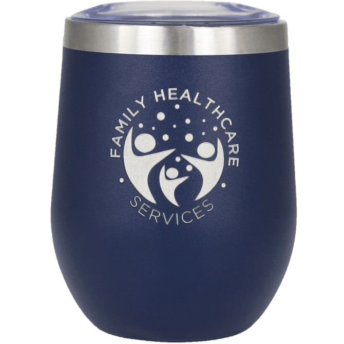 A drink bottle featuring a navy blue insulated design with a silver rim and a logo.