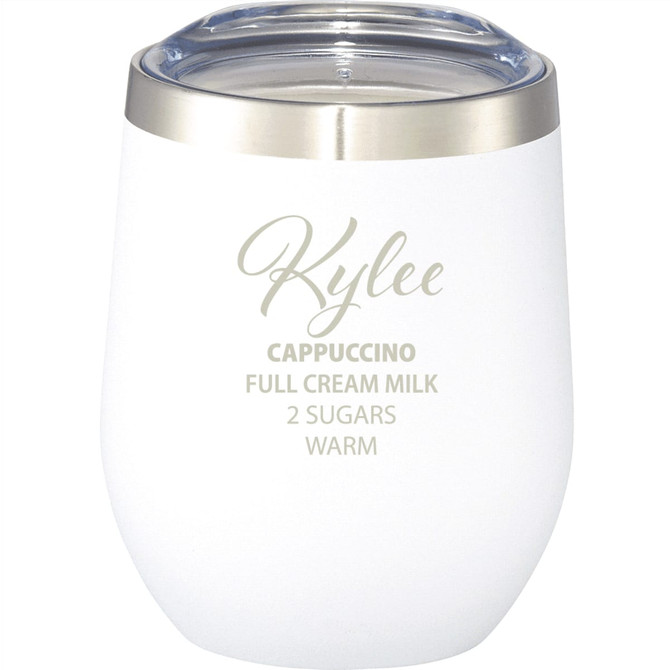 A drink bottle featuring a white body with a stainless steel rim and a clear lid, designed for hot beverages.