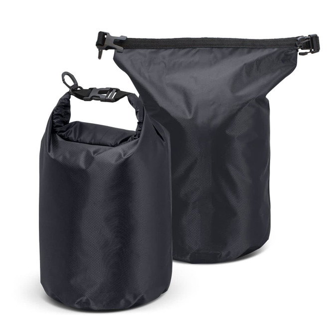 A black 10L dry bag with a roll-top closure and buckle, featuring a sleek and durable design.