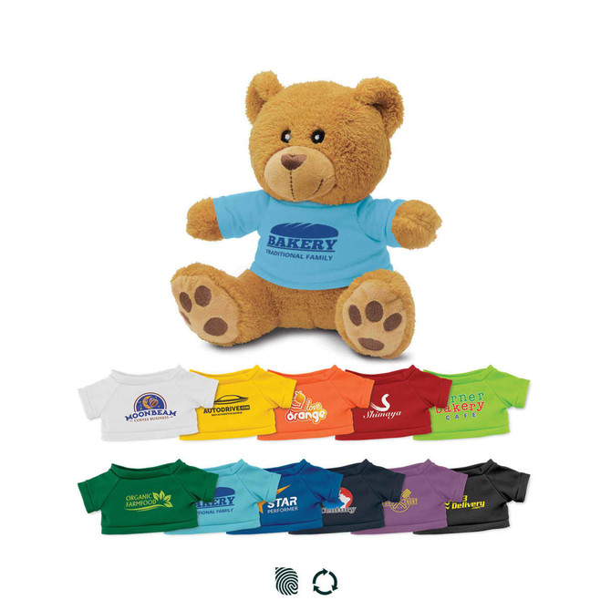 A brown plush teddy bear wearing a blue shirt, with various colourful miniature shirts displayed below it.
