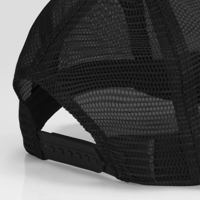 A black mesh trucker cap featuring a flat peak and an adjustable strap at the back.