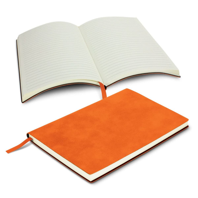 A Genoa Soft Cover Notebook with a vibrant orange cover, open to reveal lined pages and a ribbon bookmark.