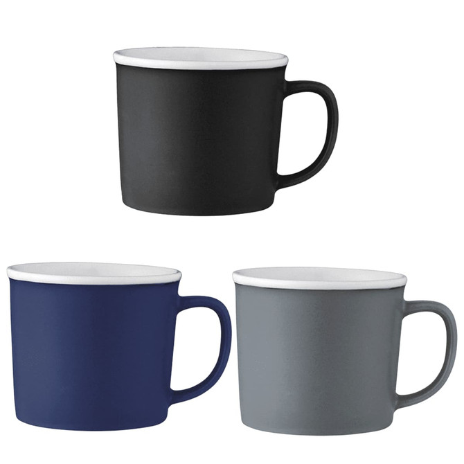 A collection of three ceramic mugs in black, navy, and grey with contrasting white interiors and handles. Each mug has a logo.