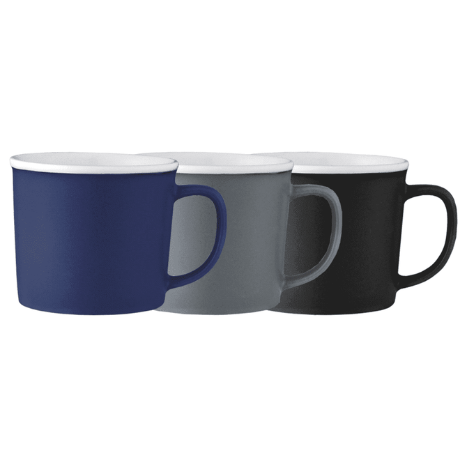 A set of three ceramic mugs in navy, grey, and black, each featuring a handle and a white interior.