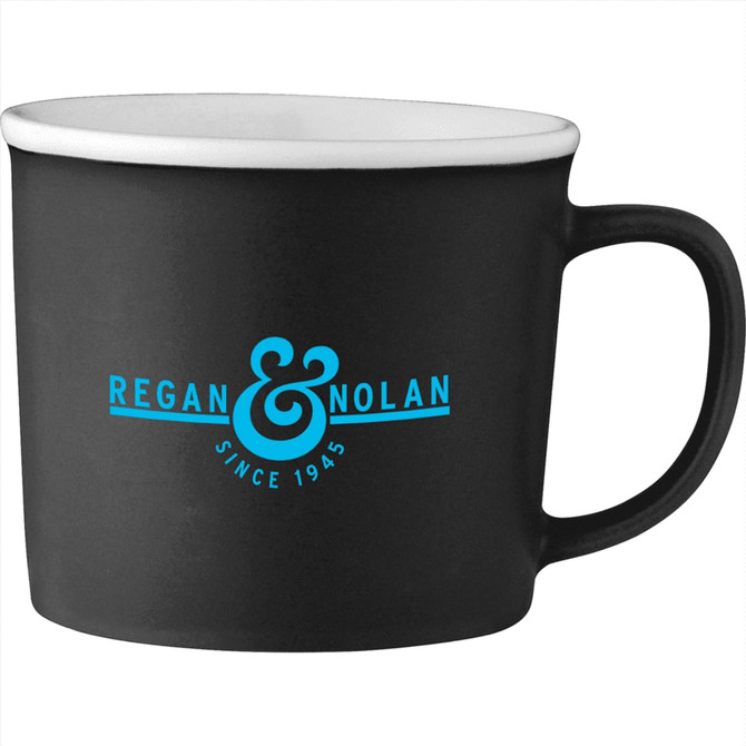 A black ceramic mug with a contrasting white interior and a logo. Holds 350ml of liquid.