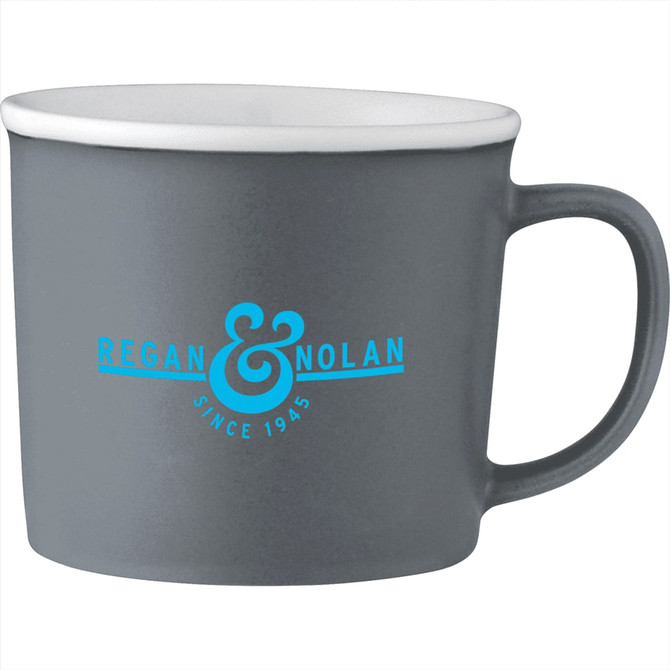 A ceramic mug in grey with a contrasting white interior, featuring a logo on one side.