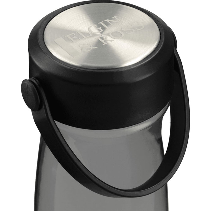 A drink bottle with a transparent body and a black lid featuring a metal top and a carrying handle.