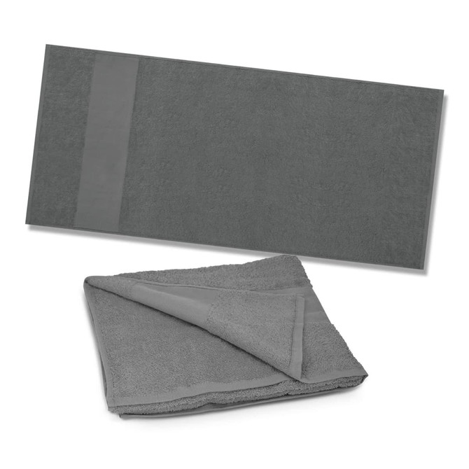 A grey beach towel displayed flat and folded, featuring a simple design with a branding logo.
