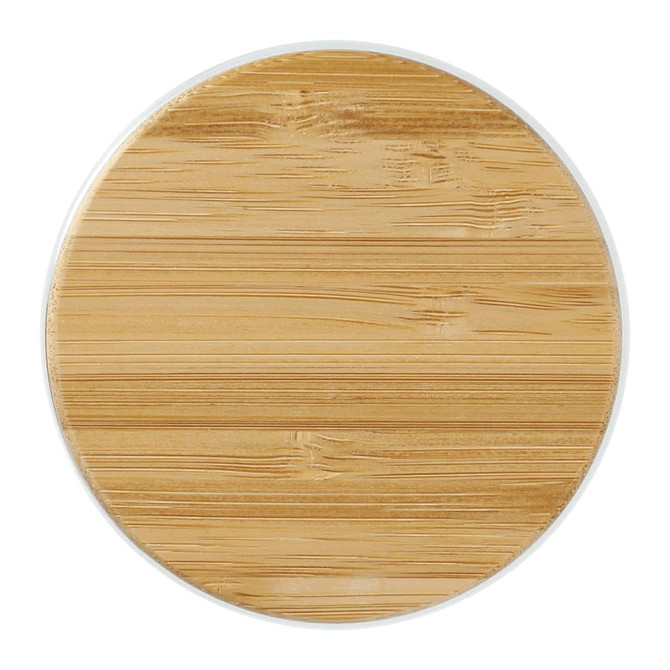 A bamboo lid for a glass cup, featuring a smooth, natural wood grain texture in a circular shape.