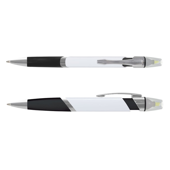 A highlighter pen featuring a black and white design with a clear barrel and a grey clip.