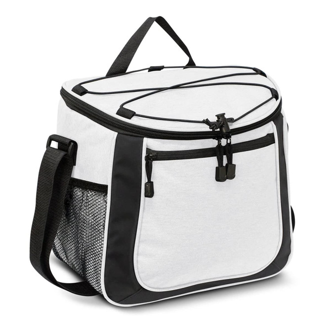 A cooler bag in grey with black accents, featuring a top handle and zippered compartments. It has a mesh side pocket.