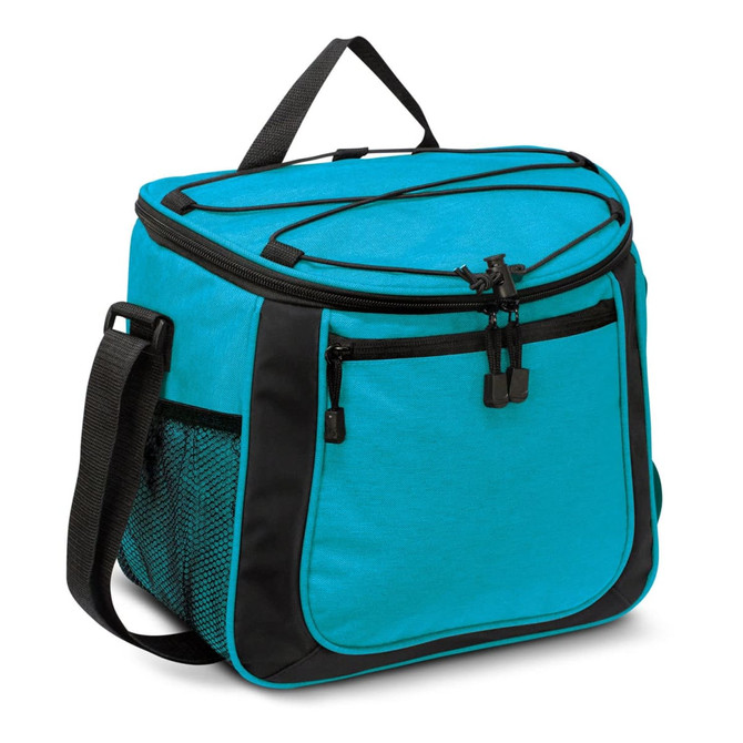A teal cooler bag with black accents, featuring a top handle, side mesh pocket, and zippered compartments.