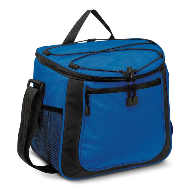 A blue cooler bag with a black trim, featuring zippers and a mesh side pocket. It has a shoulder strap for easy carrying.