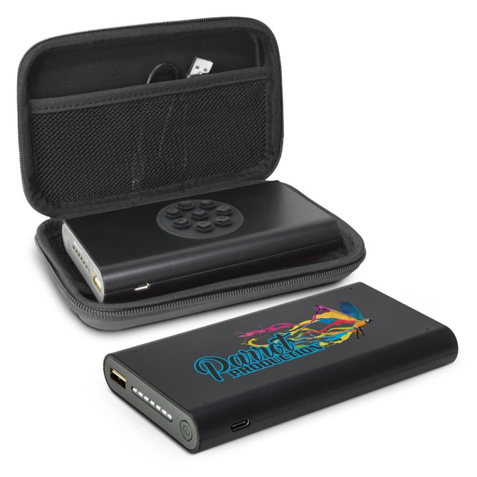 A black wireless power bank is displayed inside a zippered case with a mesh pocket and a circular button panel.