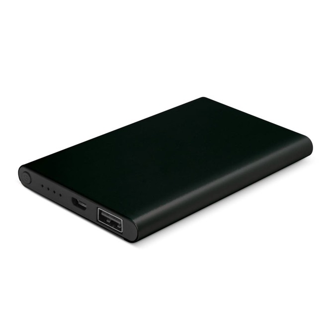 A sleek green power bank featuring a USB port and indicator lights, with a minimalist design.