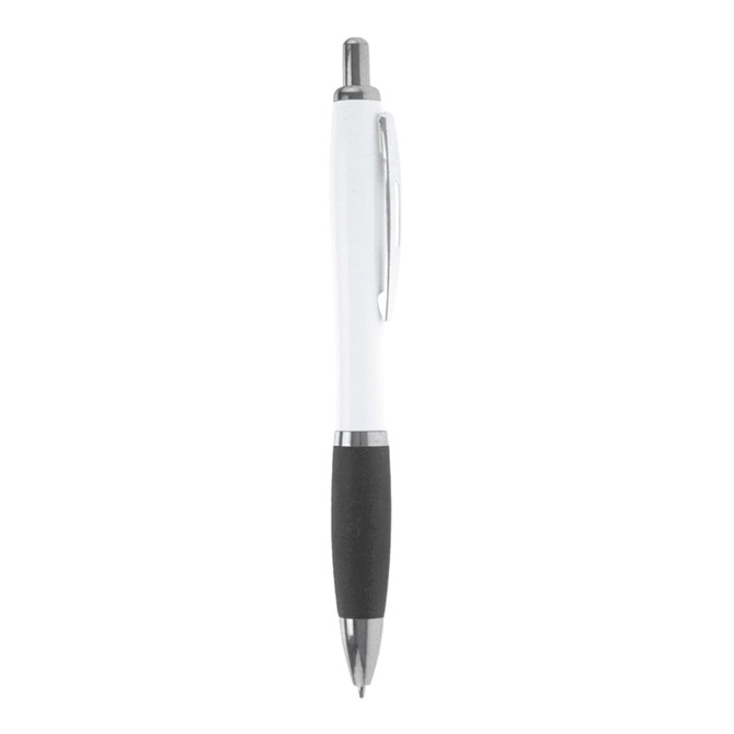 A ballpoint pen with a white barrel, black grip, and a silver clip. It features a branding logo on the barrel.