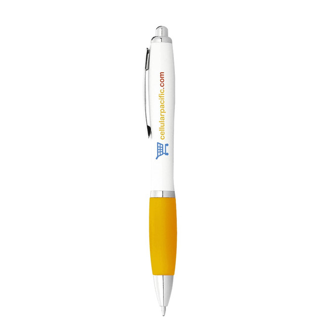 A ballpoint pen with a white barrel and yellow grip, featuring a branding logo.