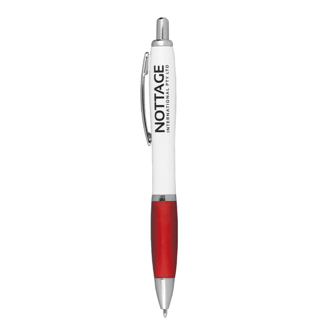 A ballpoint pen with a white barrel and red grip, featuring a logo on the side.