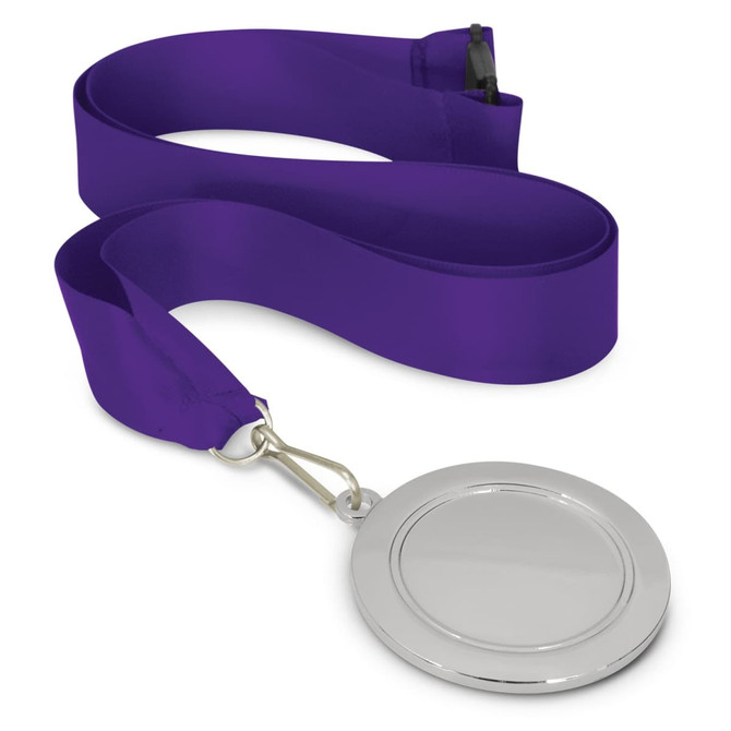 A podium medal measuring 65mm with a silver circular medal attached to a purple ribbon.