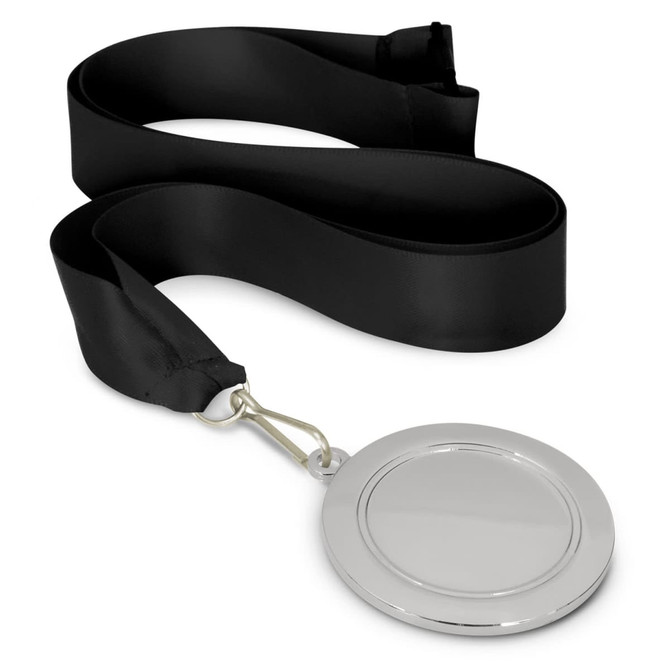 A podium medal with a shiny silver circular pendant and a black ribbon for wearing around the neck.