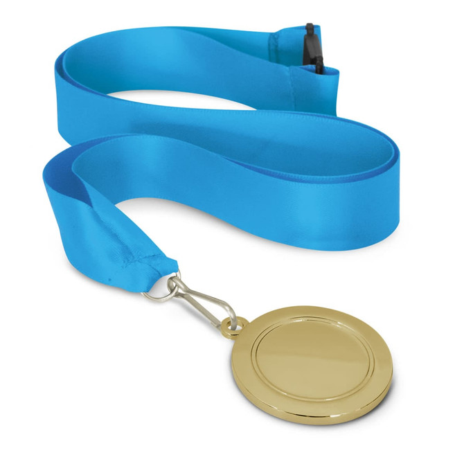 A gold podium medal with a blank circular center attached to a bright blue ribbon.