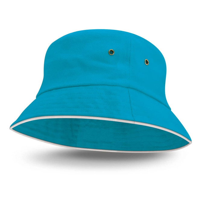 A bright turquoise bucket hat featuring a white sandwich trim and metal eyelets.