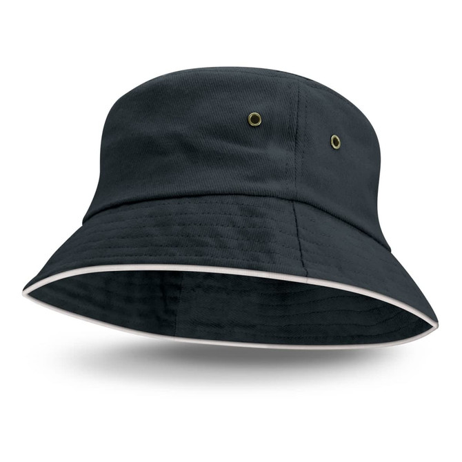 A white bucket hat with a contrasting sandwich trim, featuring ventilation eyelets and a rounded brim.