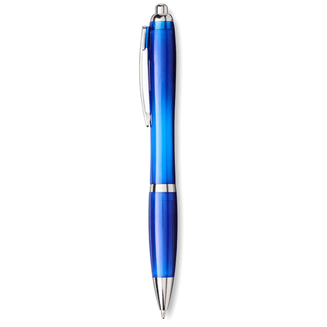 A blue ballpoint pen with a sleek design, featuring silver accents and a clip. It has a logo on the barrel.