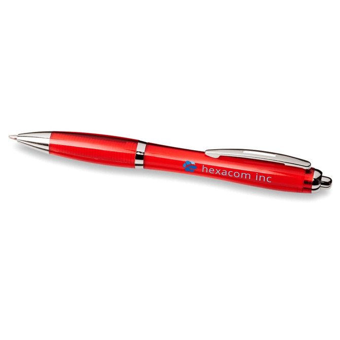 A red ballpoint pen with a shiny silver clip and a branding logo on the barrel.